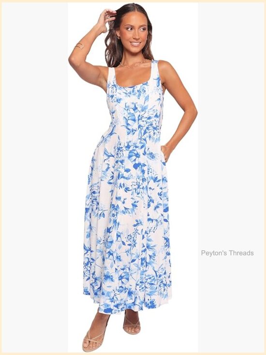 Dresses & Skirts - Midi Dress with Square Neck and Floral Pattern, Sleeveless, A-Line, Back Zip